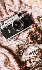 Preview wallpaper camera, lens, flowers, fabric, retro