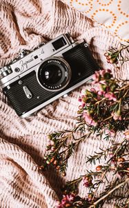 Preview wallpaper camera, lens, flowers, fabric, retro