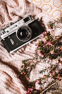 Preview wallpaper camera, lens, flowers, fabric, retro