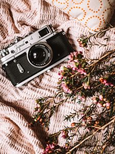 Preview wallpaper camera, lens, flowers, fabric, retro