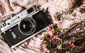 Preview wallpaper camera, lens, flowers, fabric, retro