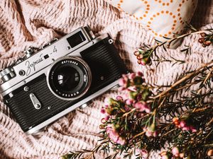 Preview wallpaper camera, lens, flowers, fabric, retro