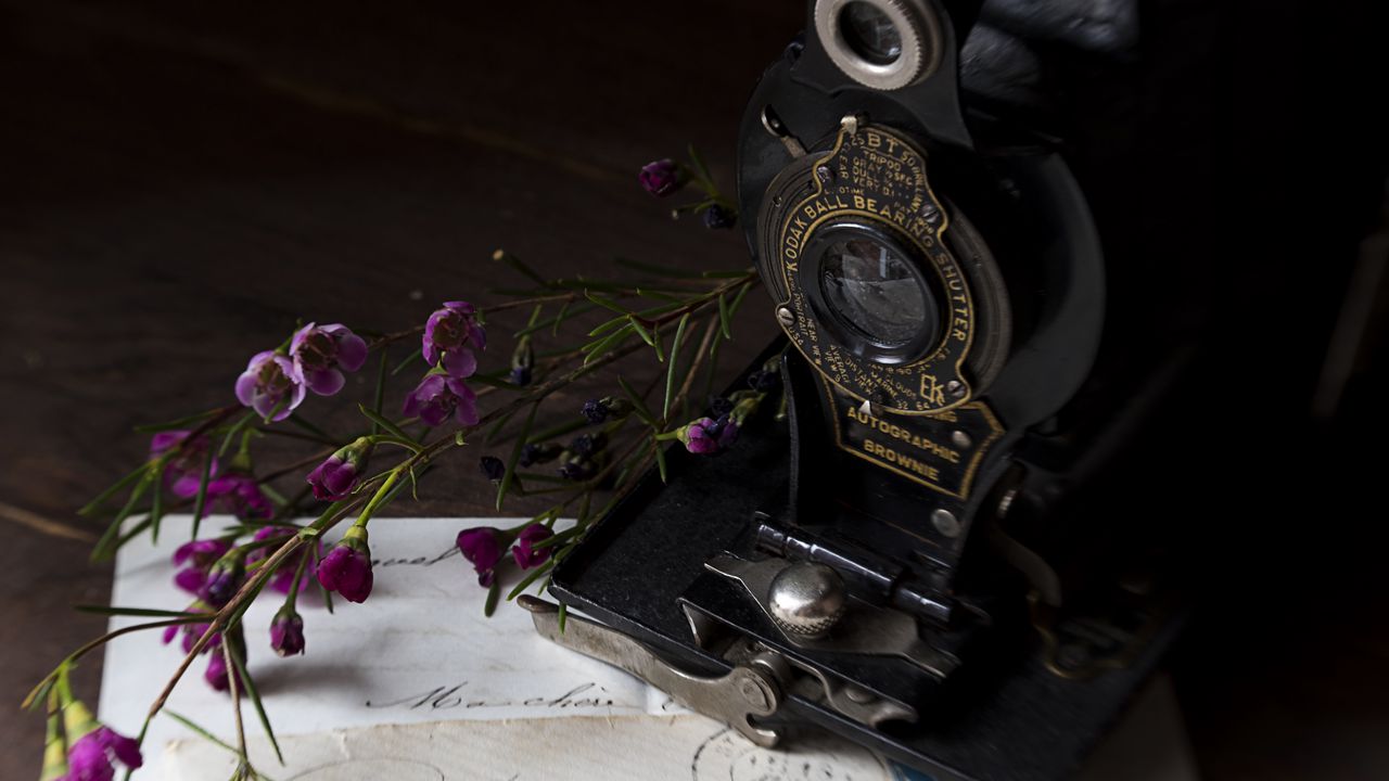 Wallpaper camera, lens, letter, flowers, vintage