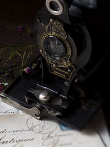 Preview wallpaper camera, lens, letter, flowers, vintage