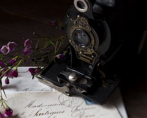 Preview wallpaper camera, lens, letter, flowers, vintage