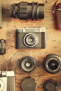 Preview wallpaper camera, lenses, table, wooden, retro