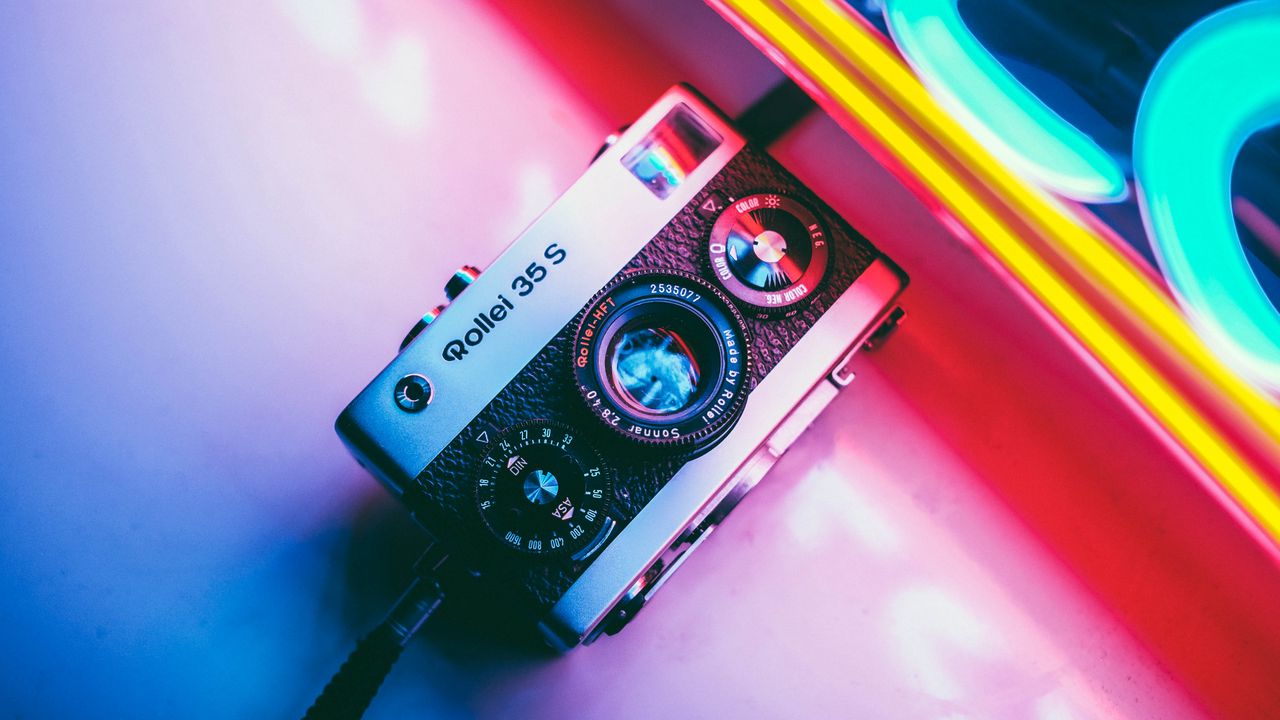 Wallpaper camera, neon, retro, light, colorful