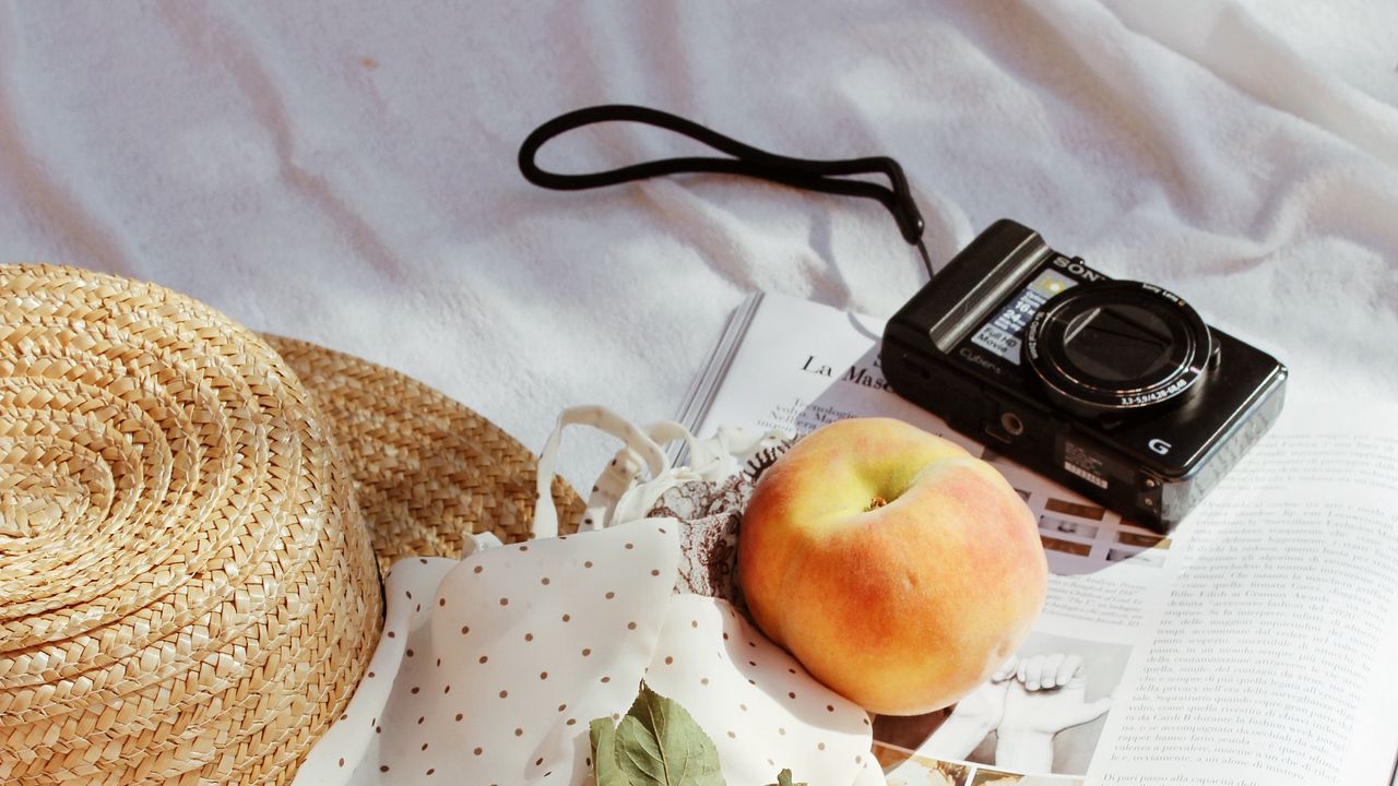 Wallpaper camera, peaches, fruit, magazine, fabric