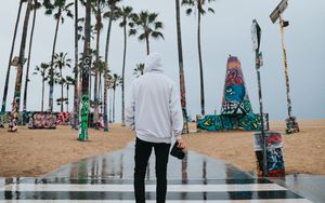 Preview wallpaper camera, photographer, hood, palm trees
