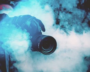 Preview wallpaper camera, photographer, smoke, color smoke