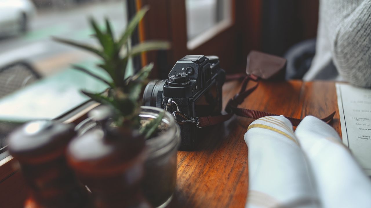 Wallpaper camera, plants, table, aesthetics