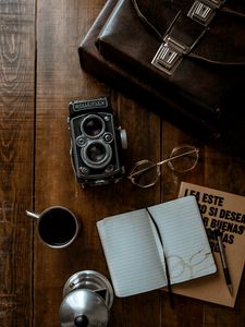 Preview wallpaper camera, retro, coffee, notebook