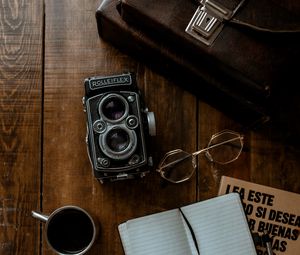 Preview wallpaper camera, retro, coffee, notebook