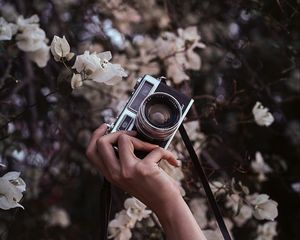 Preview wallpaper camera, retro, hand, flowers, bloom