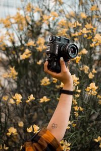 Preview wallpaper camera, retro, hand, flowers, tattoo