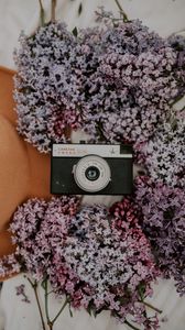 Preview wallpaper camera, retro, lilac, flowers, hat