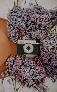 Preview wallpaper camera, retro, lilac, flowers, hat