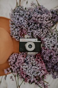 Preview wallpaper camera, retro, lilac, flowers, hat