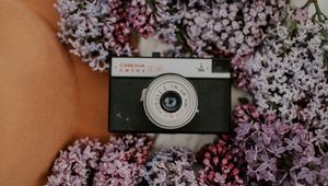 Preview wallpaper camera, retro, lilac, flowers, hat