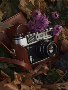 Preview wallpaper camera, retro, vintage, lens, foliage, autumn