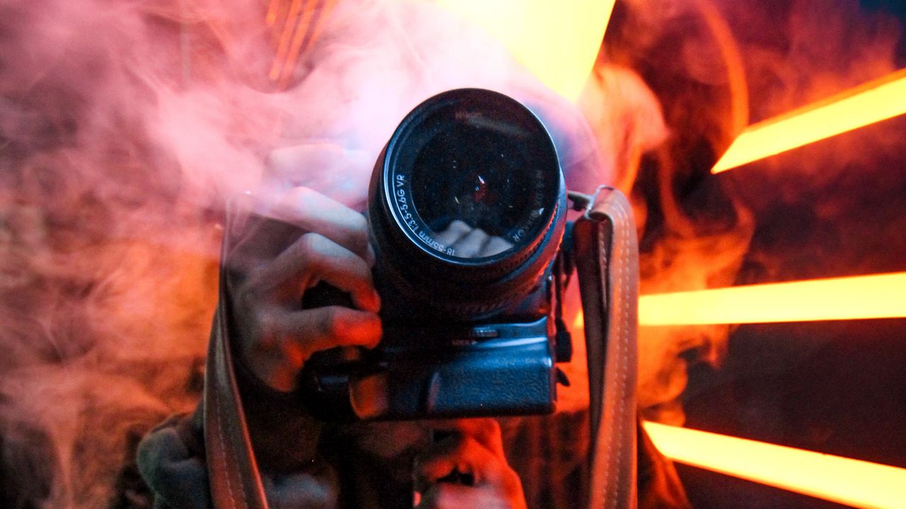 Wallpaper camera, smoke, photographer, lens, neon, light
