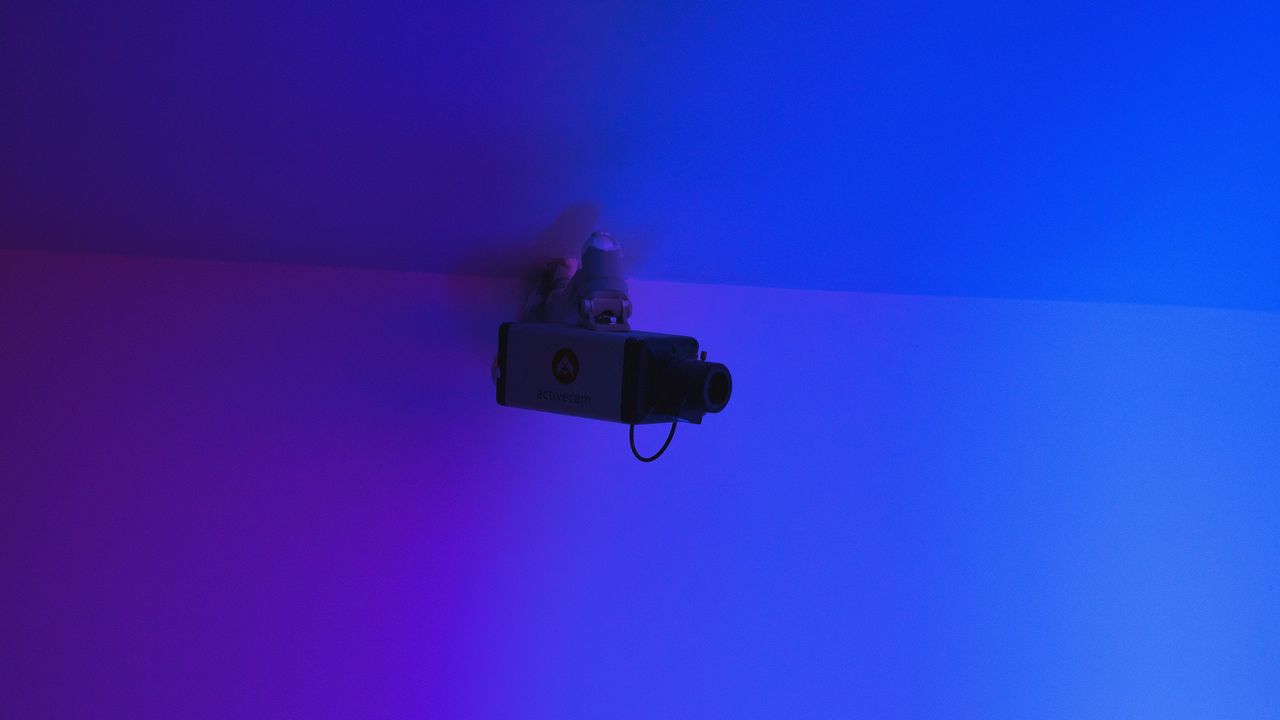 Wallpaper camera, surveillance, wall, blue, minimalism