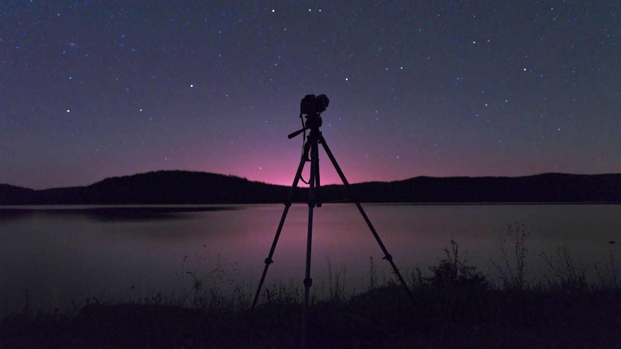 Wallpaper camera, tripod, lake, night, dark