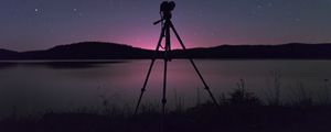 Preview wallpaper camera, tripod, lake, night, dark