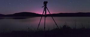 Preview wallpaper camera, tripod, lake, night, dark