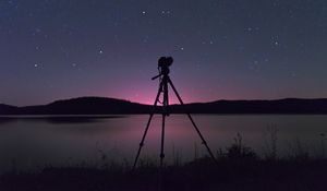 Preview wallpaper camera, tripod, lake, night, dark