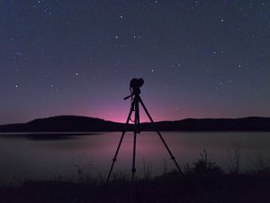 Preview wallpaper camera, tripod, lake, night, dark