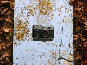 Preview wallpaper camera, vintage, retro, autumn, leaves