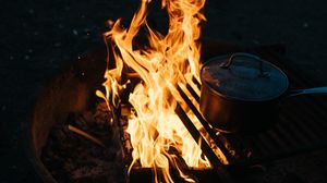 Preview wallpaper campfire, camping, fire, dishes, night
