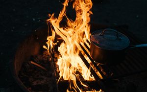 Preview wallpaper campfire, camping, fire, dishes, night