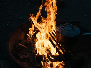 Preview wallpaper campfire, camping, fire, dishes, night