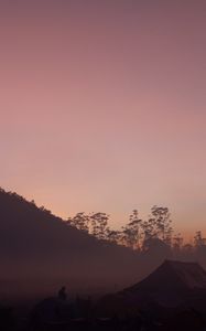 Preview wallpaper camping, dusk, fog, tents, nature