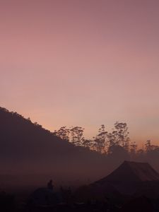 Preview wallpaper camping, dusk, fog, tents, nature