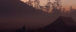 Preview wallpaper camping, dusk, fog, tents, nature