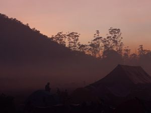 Preview wallpaper camping, dusk, fog, tents, nature