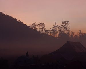 Preview wallpaper camping, dusk, fog, tents, nature