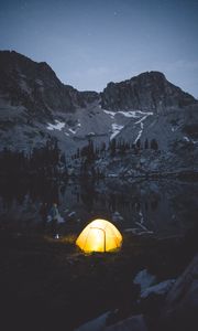 Preview wallpaper camping, tent, mountains, lake, night, people