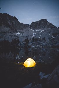 Preview wallpaper camping, tent, mountains, lake, night, people