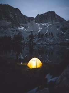 Preview wallpaper camping, tent, mountains, lake, night, people