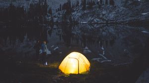 Preview wallpaper camping, tent, mountains, lake, night, people