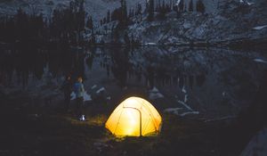 Preview wallpaper camping, tent, mountains, lake, night, people