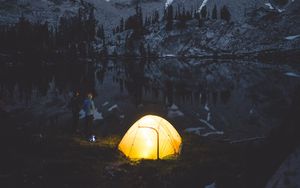 Preview wallpaper camping, tent, mountains, lake, night, people