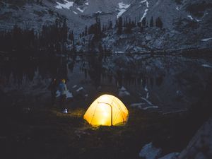Preview wallpaper camping, tent, mountains, lake, night, people