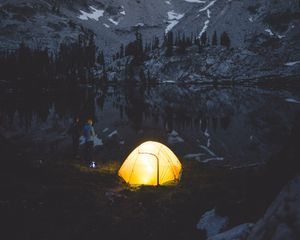 Preview wallpaper camping, tent, mountains, lake, night, people