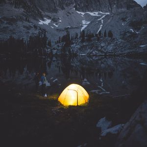 Preview wallpaper camping, tent, mountains, lake, night, people