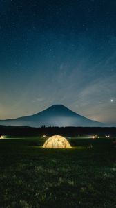 Preview wallpaper camping, tent, mountains, night, glow